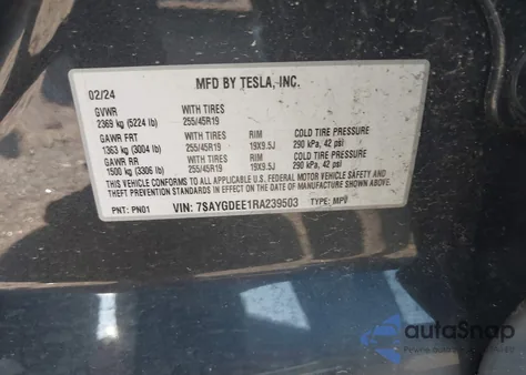 2024 Tesla Model Y Long Range Dual Motor All-Wheel Drive z USA, uszkodzony, nr VIN 7SAYGDEE1RA239503